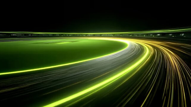 High-speed green and yellow neon light trails curving on a dark background, dynamic futuristic racing track abstract motion overlay