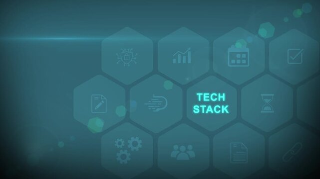 tech stack Concept with Modern Technology, Data Analytics and Futuristic Business Graphics. Asymptotic smart data analytic. digital interface on cyan color background