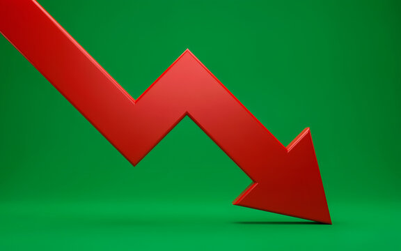 Red downward trending arrow indicating financial decline against a vibrant green surface