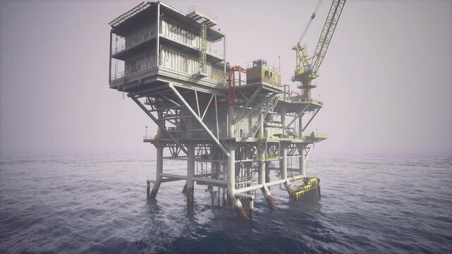 Offshore service deck with crane storage and heavy equipment, hoist and winch visible, industrial maintenance atmosphere with stacked containers and access