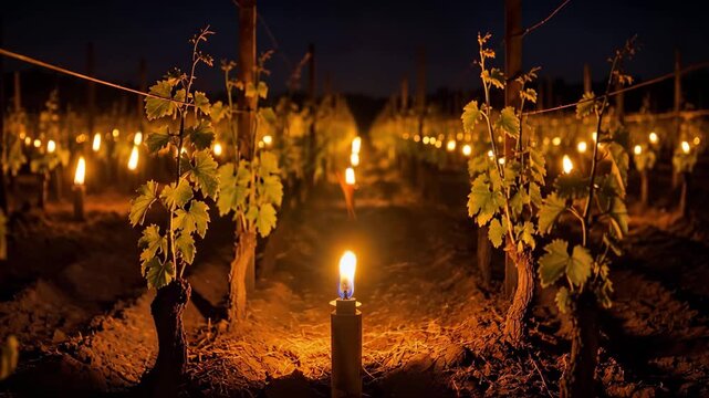 Torches burning in vineyard at night to protect grapevines from frost. Viticulture practice using fire for frost control in farmland at farm. Wine production.