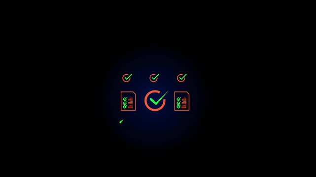 Digital Glowing checklist and approval work showing business document validation and task tracking system for decision making, process optimization, and quality verification with high efficiency