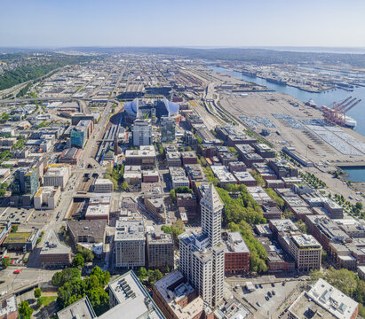 Aerial view of Seattle waterfront and stadiums