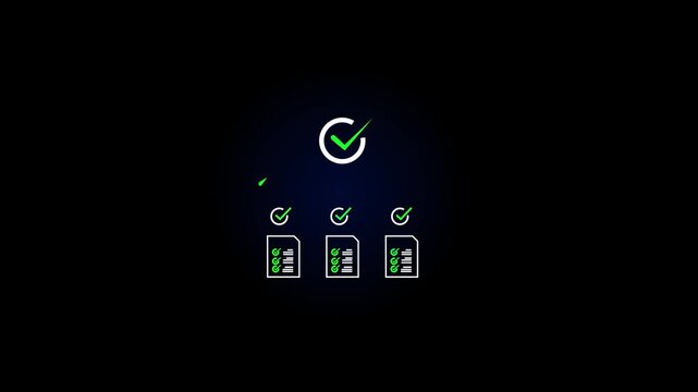 Digital Glowing checklist and approval workflow showing business document validation and task tracking system for decision making, process optimization, and quality verification with high efficiency