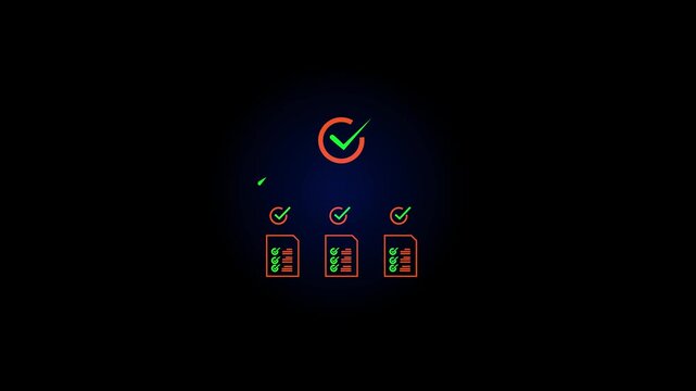 Digital Glowing checklist and approval workflow showing business document validation and task tracking system for decision making, process optimization, and quality verification with high efficiency