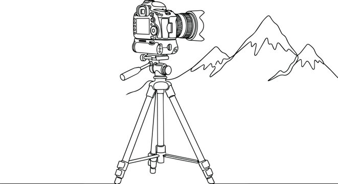 Digital SLR Camera Mounted on Professional Tripod with Scenic Mountain Range Peaks Background Line Illustration