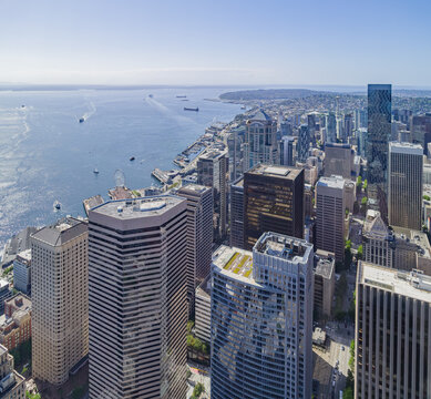 Aerial view of Seattle waterfront and downtown skyline