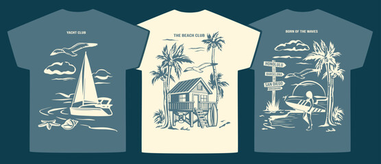 Beach club and yacht club t-shirt design set. Monochrome summer vacation apparel with cheerful vintage graphics featuring surf and coastal lifestyle themes. © Vigurskaia Sofiya