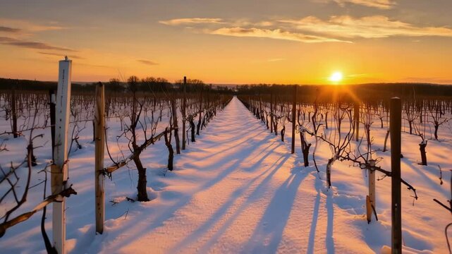 Vineyard landscape covered in snow at sunset. Rows of dormant vines in winter wine farm. Nature during seasonal rest for agriculture and peaceful rural scenery.