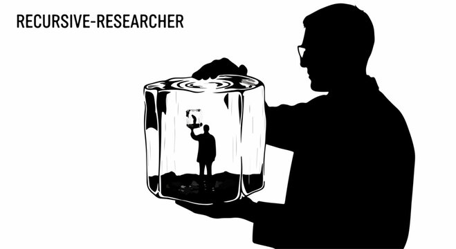Silhouette of a person holding a clear cube containing a tiny figure exploring a landscape.