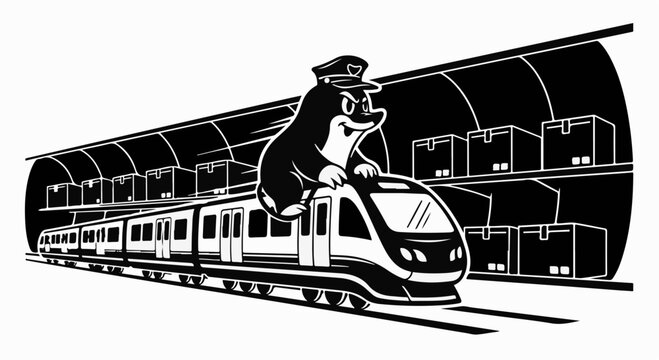 Whimsical mole character wearing a conductor's hat rides atop a modern train in a tunnel with stacked boxes.