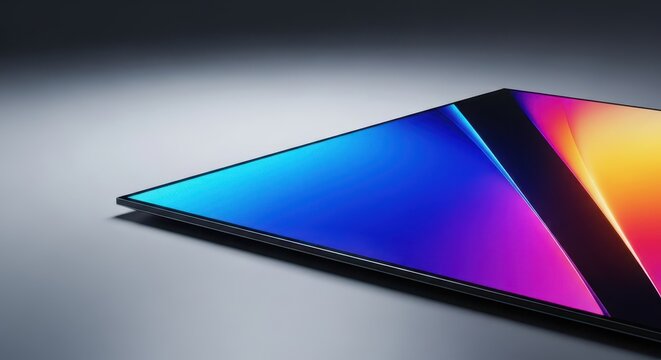 A close-up shot emphasizing the thin profile and bright digital display of a modern television screen resting on a clean surface, screen, monitor, liquid crystal