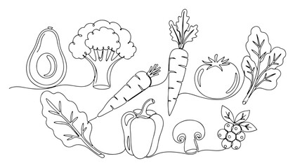 Fresh vegetables set including avocado broccoli carrot and tomato in continuous line art style © Kumamoto