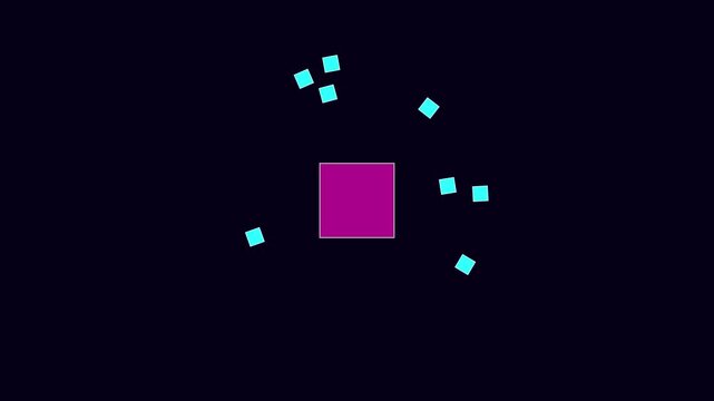 Abstract motion with rotating purple square and floating cyan particles on dark animation 4k background