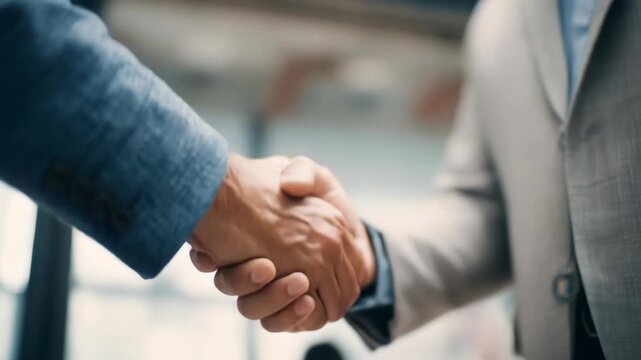 Two men shake hands in professional setting. Business agreement is symbolized by firm grip. One man wears blue suit, other gray. Background blurred to emphasize handshake