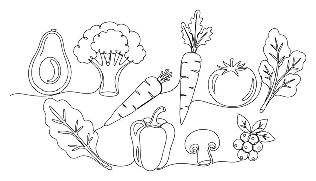 Fresh vegetables set including avocado broccoli carrot and tomato in continuous line art style