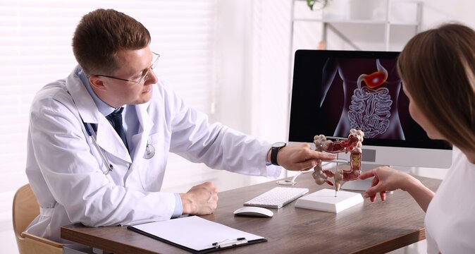 Gastroenterologist showing model of large intestine to patient at desk in clinic