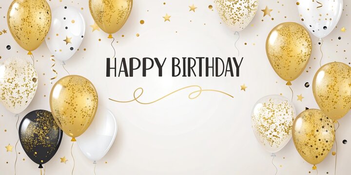 Happy Birthday Greeting Card with Black and Gold Balloons and Glitter Confetti