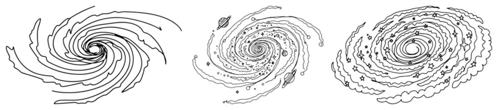 Spiral galaxy set with planets and cosmic dust in one line art style