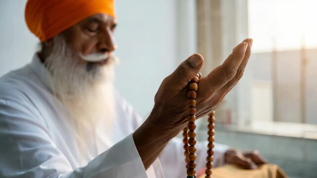 Man with prayer beads in traditional attire, spiritual meditation, morning light reflection, serene devotion, cultural symbolism, peaceful worship, mindful practice, inner peace journey