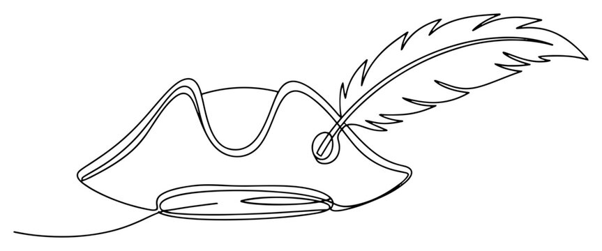 Pirate tricorne hat with feather in minimalist continuous one line art style