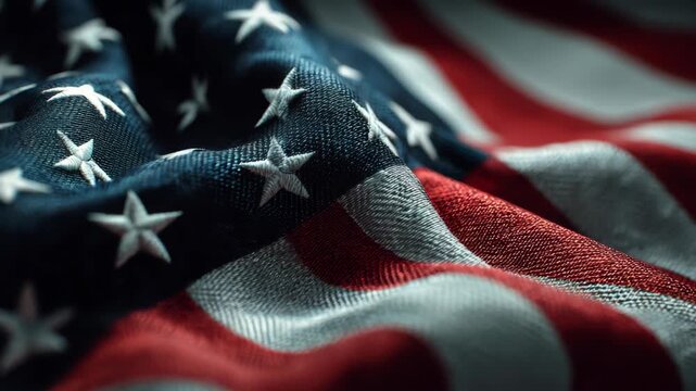 This shows a close-up of an American flag waving in the wind, focusing on the stars and fabric texture.