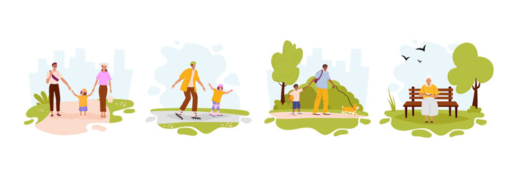 Fototapeta premium Park activities set. Vector illustrations collection. Perfect for lifestyle banner, community poster, or urban park flyer