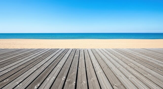 Wide angle view of an empty weathered wooden boardwalk running parallel to the expansive sandy beach and calm blue ocean under a clear summer sky, planks, blue, travel