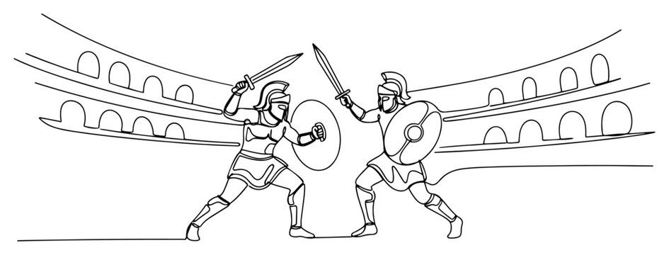 Roman gladiators fighting in arena with swords and shields in one line art style