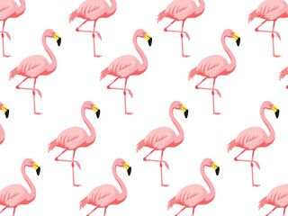 Obraz premium Pink flamingo bird seamless pattern isolated on white background flat vector illustration for summer textile print design.