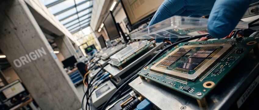 Microchip semiconductor worker testing circuit board in engineering lab environment, close up of technician gloved hand assembling computer hardware processor wafer with precision tech equipment parts