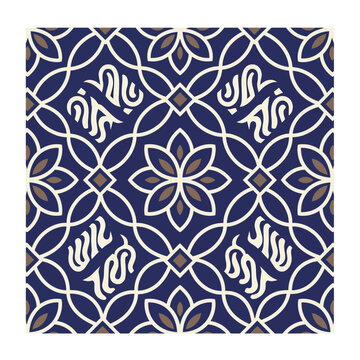 Intricate geometric pattern in navy blue, brown, and cream, decorative ornamental design, symmetrical floral elements, classic textile motif, repeating motif