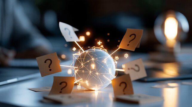 Arrows from question mark sticky notes pointing at a glowing white sphere emitting tech symbols on a bright surface artificial intelligence concept arrows sticky notes