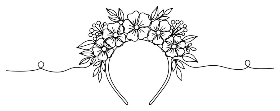 Floral headband or flower crown accessory in minimalist continuous one line art style