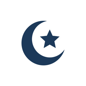 Isolated dark blue crescent moon and star symbol on white background, celestial icon, islam symbol, night sky element