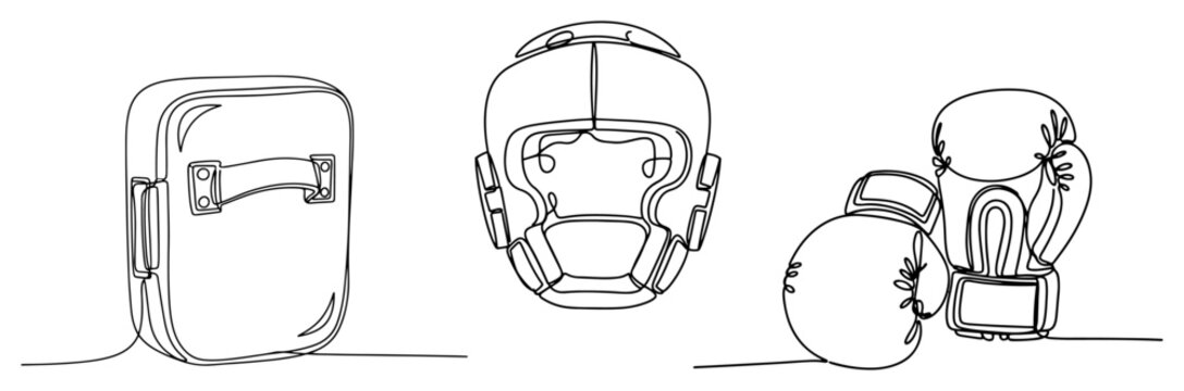 Boxing gear collection including kick shield head guard and glove in minimalist continuous one line art style