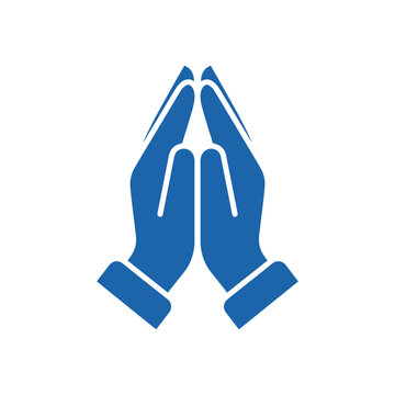 Prayer hands icon, hands clasped together in a gesture of prayer or thanks, blue silhouette on a white background, gratitude, spirituality symbol