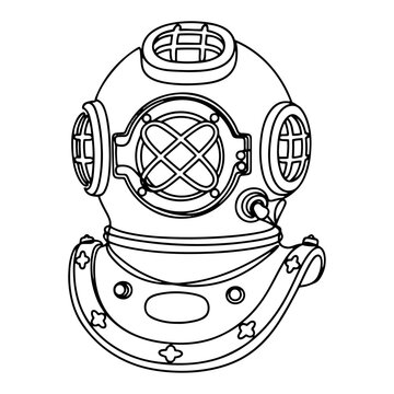 Vintage deep sea diving helmet in line art style