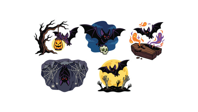 Collection of classic spooky cartoon Halloween characters isolated on transparent background for fes