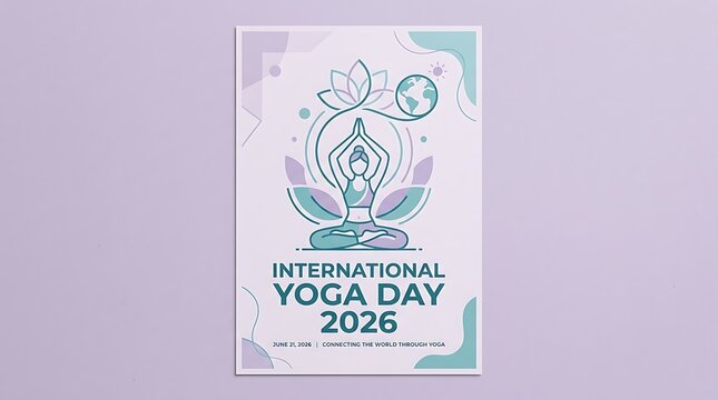 Minimal lavender and teal poster, text &ldquo;International Yoga Day 2026&rdquo;