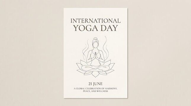Minimal poster, elegant serif &ldquo;International Yoga Day&rdquo;, soft beige background