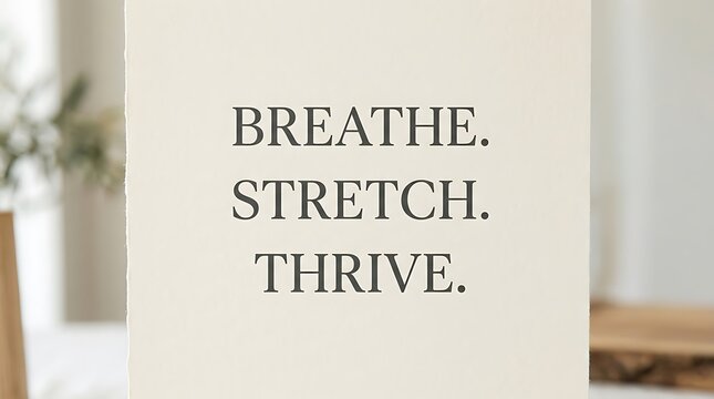 "Breathe. Stretch. Thrive" in a simple serif font