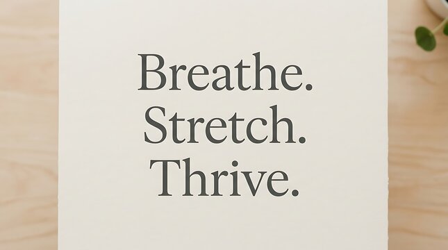 Minimal serif typography &ldquo;Breathe. Stretch. Thrive.&rdquo;