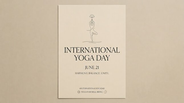 "International Yoga Day" is a simple poster with a soft beige backdrop and an attractive serif font