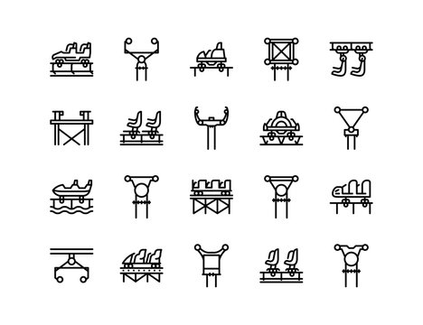 Roller coaster trains and track types collection. Icons with editable vector stroke