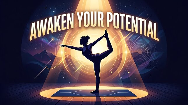 Vector spotlight on yoga silhouette, bold headline &ldquo;Awaken Your Potential&rdquo;