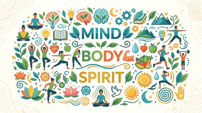 Vector wellness-themed icons collage, text &ldquo;Mind Body Spirit&rdquo;