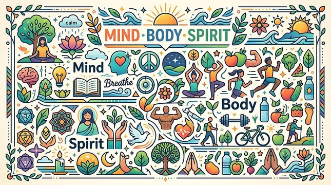 Vector collage of wellness-themed icons with the words "Mind Body Spirit"