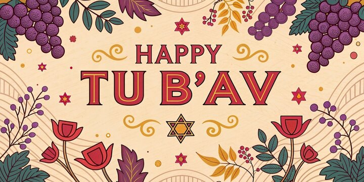 Tu Bav Jewish Holiday Greeting Card with Grapes Flowers and Star of David