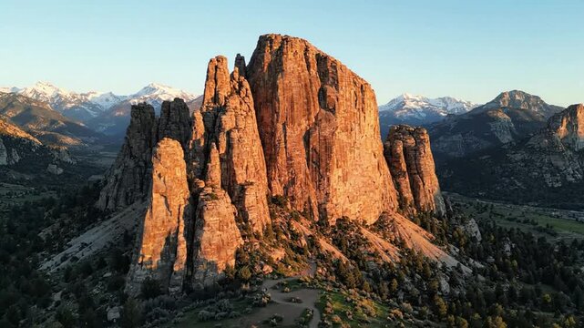 Aerial view of smith rock state park at golden hour, oregon desert landscape with snow-capped mountains and dramatic rock formations